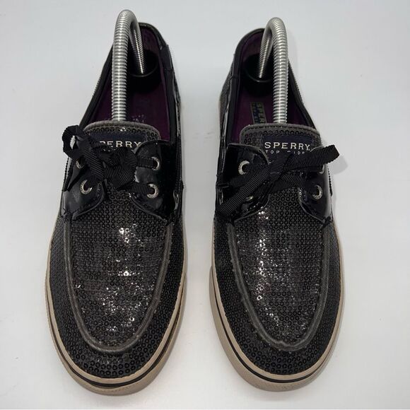 Sperry Top-Siders Black Sequined Covered Deck Shoes w/Ribbon Laces - Picture 3 of 10